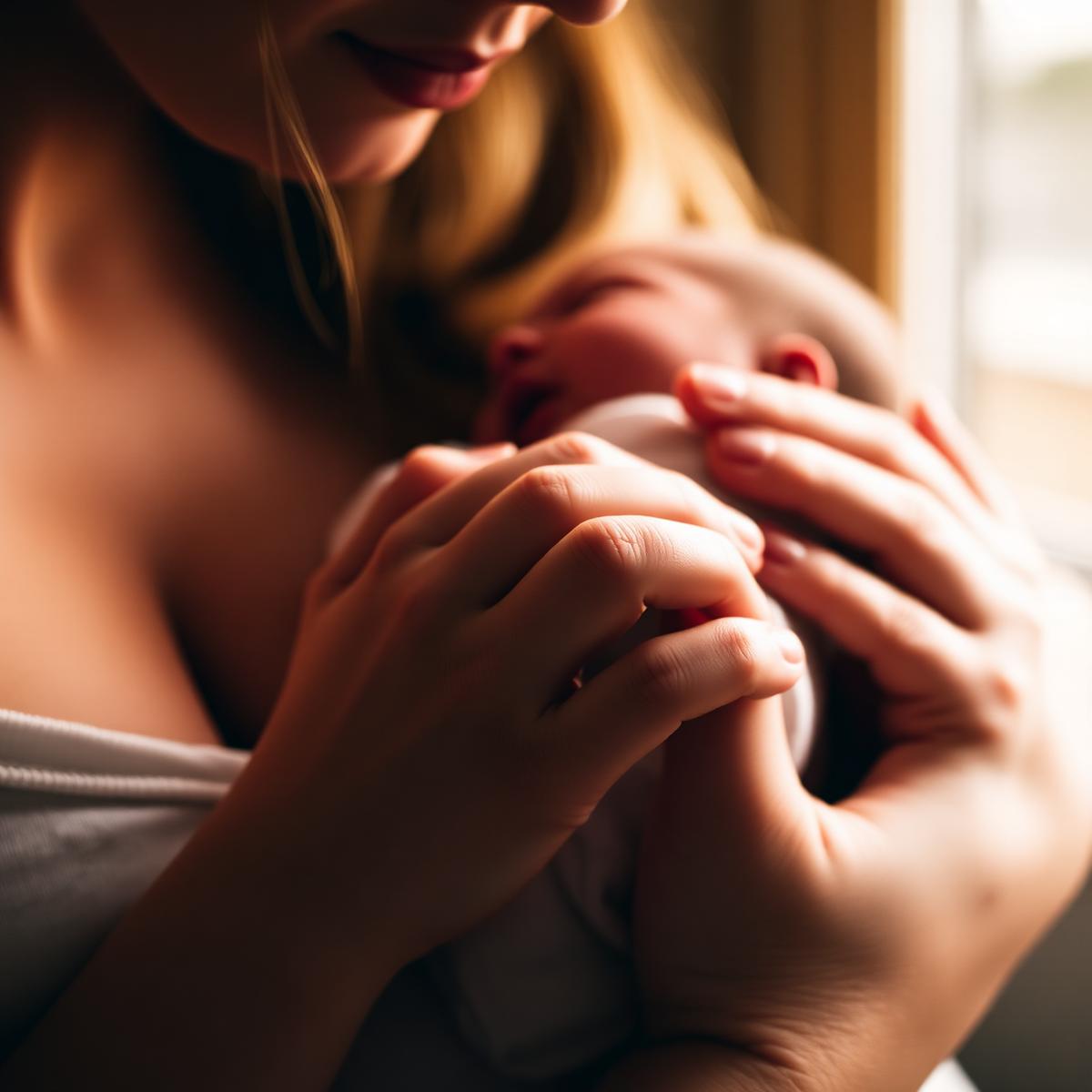 Mother gently holding her newborn baby
